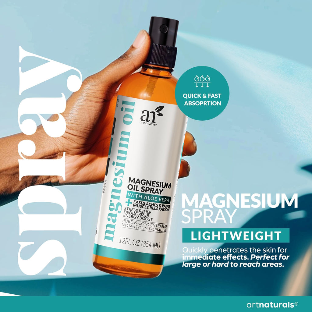 ArtNaturals Magnesium Oil Spray 12 oz + Body Massage Lotion Set 8oz for Feet & Sleep - Extra Strength Cream Ultra-Pure, Relief & Relaxation, Muscle Health Leg & Joint Care Topical Non Itch