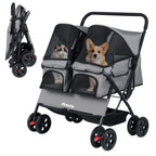 PETSITE Double Pet Stroller, Foldable Double Dog Stroller with 2-Seater Carrier, Adjustable Sunshade, Removable Pad, Safety Belt, Storage Basket, 4-Wheel Pet Travel Cart for 2 Puppies & Cats (Grey)