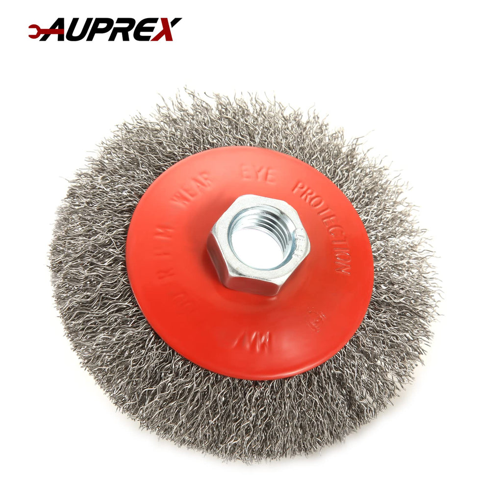 AUPREX 5 Pack 4 Inch Coarse Crimped Wire Wheel Brush for Angle Grinder with 5/8 Inch-11 Threaded Arbor - 0.014 Inch Carbon Steel Wire -Light Duty Conditioning for Metals