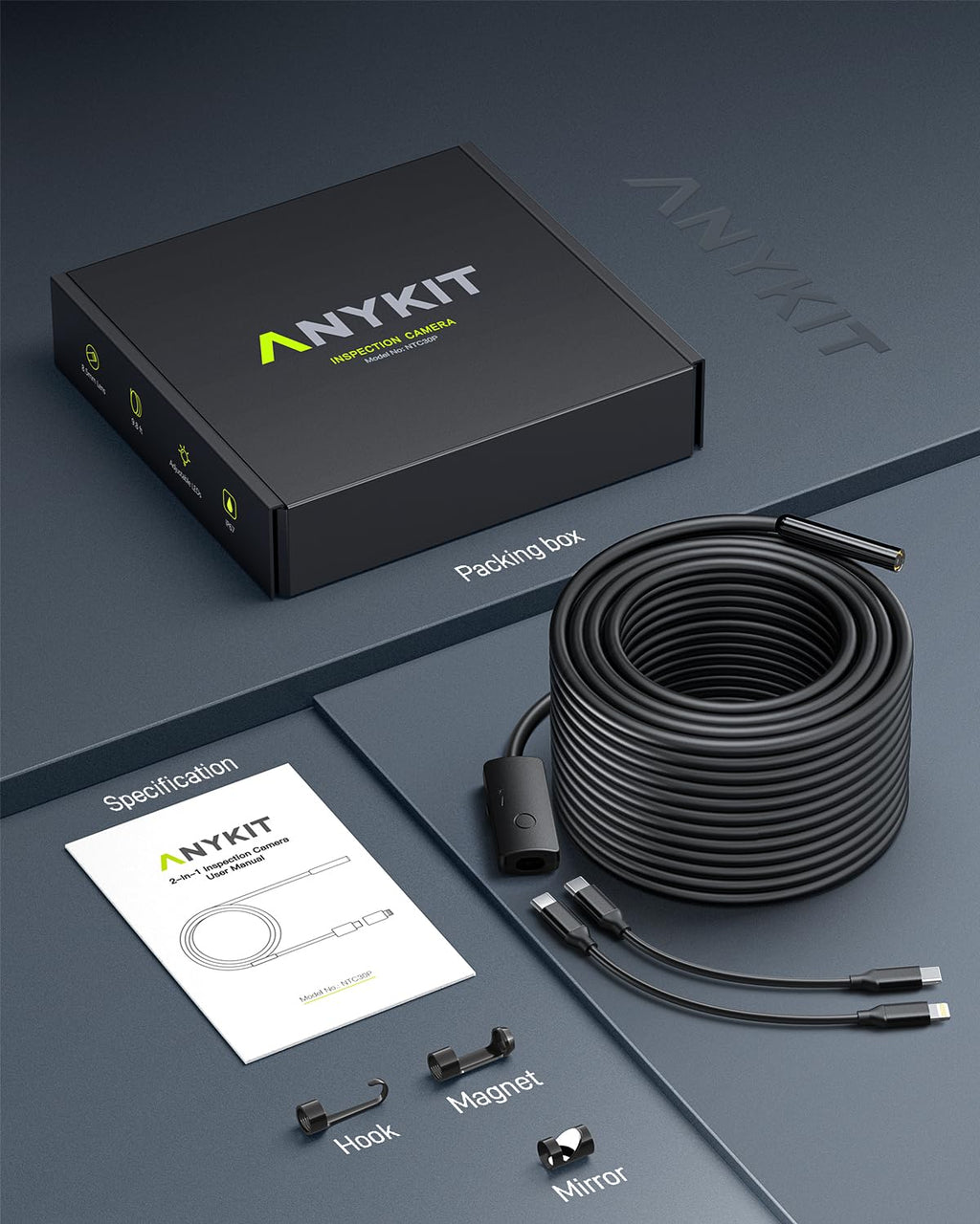 Anykit Endoscope Camera with Light, 1920P HD Borescope with 8 Adjustable LED Lights, Semi-Rigid Snake Camera with Light, IP67 Waterproof Inspection Cam for iPhone & Android, 50 ft Single Lens