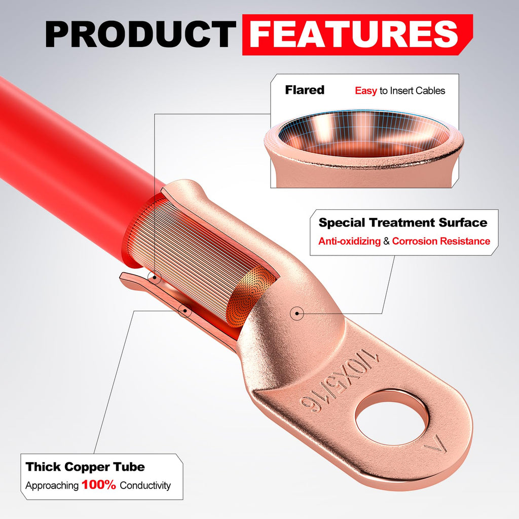 6 AWG/Gauge - 5/16" Battery Cable Lug Copper Connector Wire Ring Terminal
