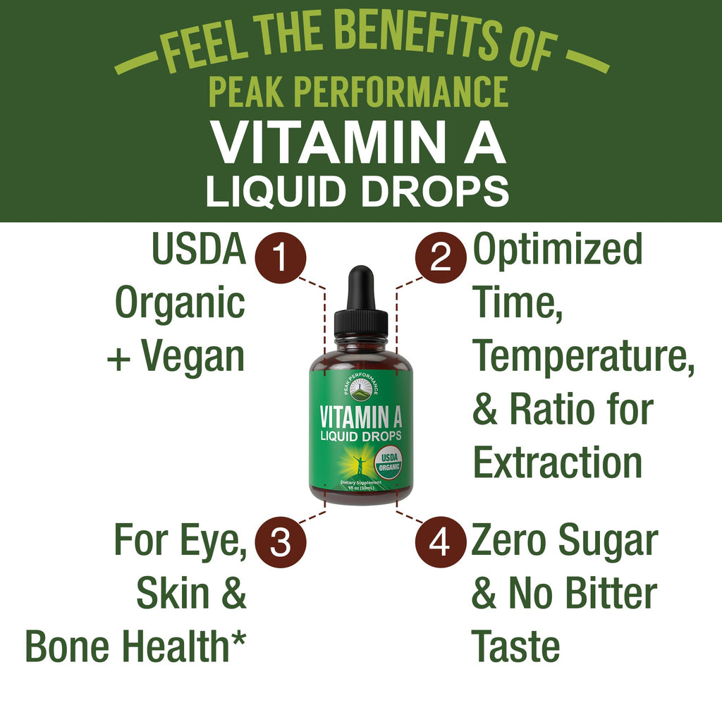USDA Organic Vitamin A Liquid Drops Supplement - Vegan High Bioavailability for Eye, Skin + Bone Health - for Adults, Men, Women, Kids - Vit A Oil Retinyl Palmitate - Gluten Free, Zero Sugar 1 fl oz