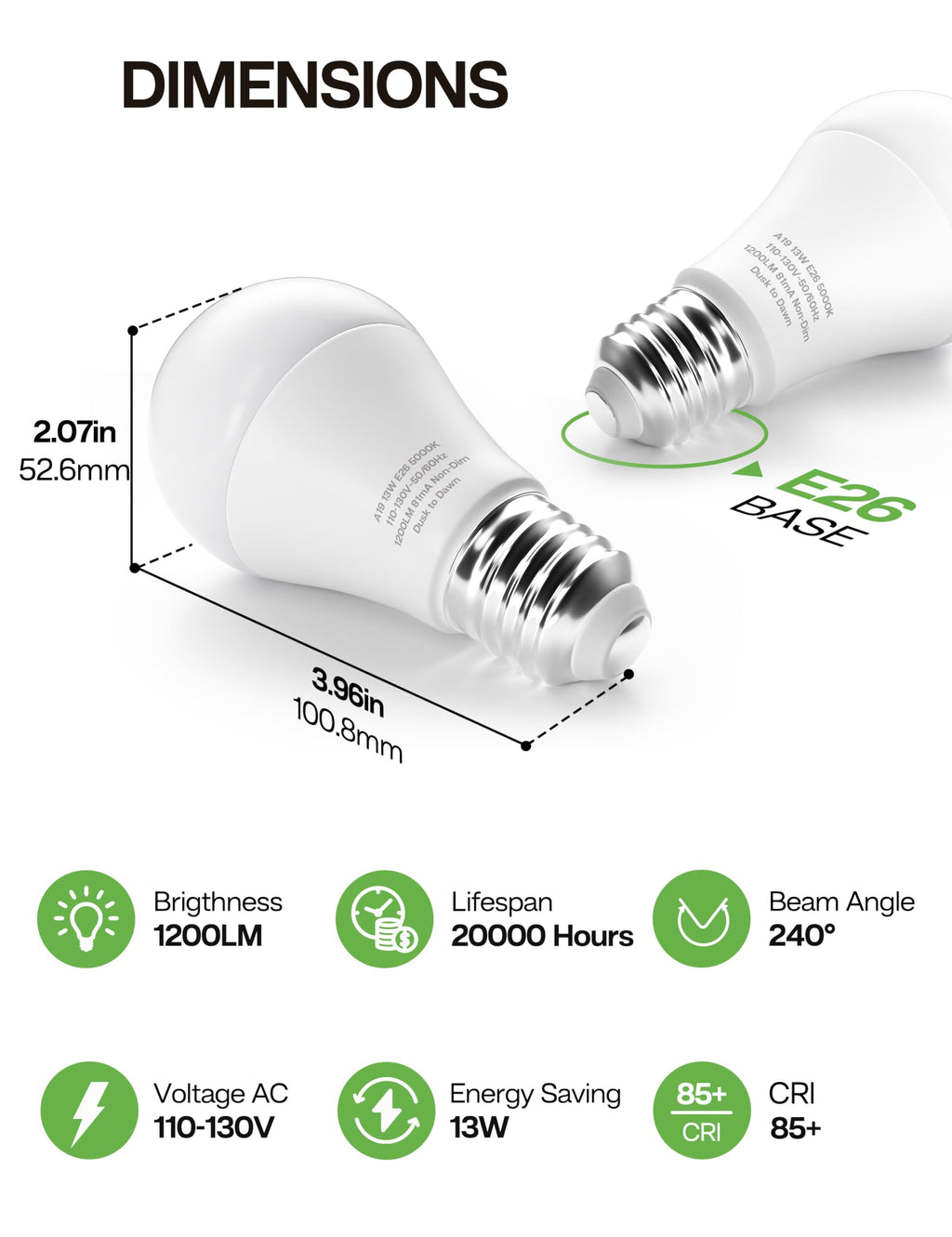 Eastiya Dusk to Dawn Sensor LED Outdoor Light Bulb, Daylight White 5000K, A19 13W(100 Watt Equivalent) Bright Porch Lighting, 1200LM, Auto-On/Off Photocell Sensor for Garage Yard Patio Garden- 6 Pack