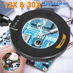 Ultra Long 3-Section Swing Arm 12X 30X Magnifying Glass with Light and Stand, 4-Way Large Strong Metal Clamp Lighted Magnifier Lamp, 5 Color Modes LED Magnifying Lamp for Workbench Crafting