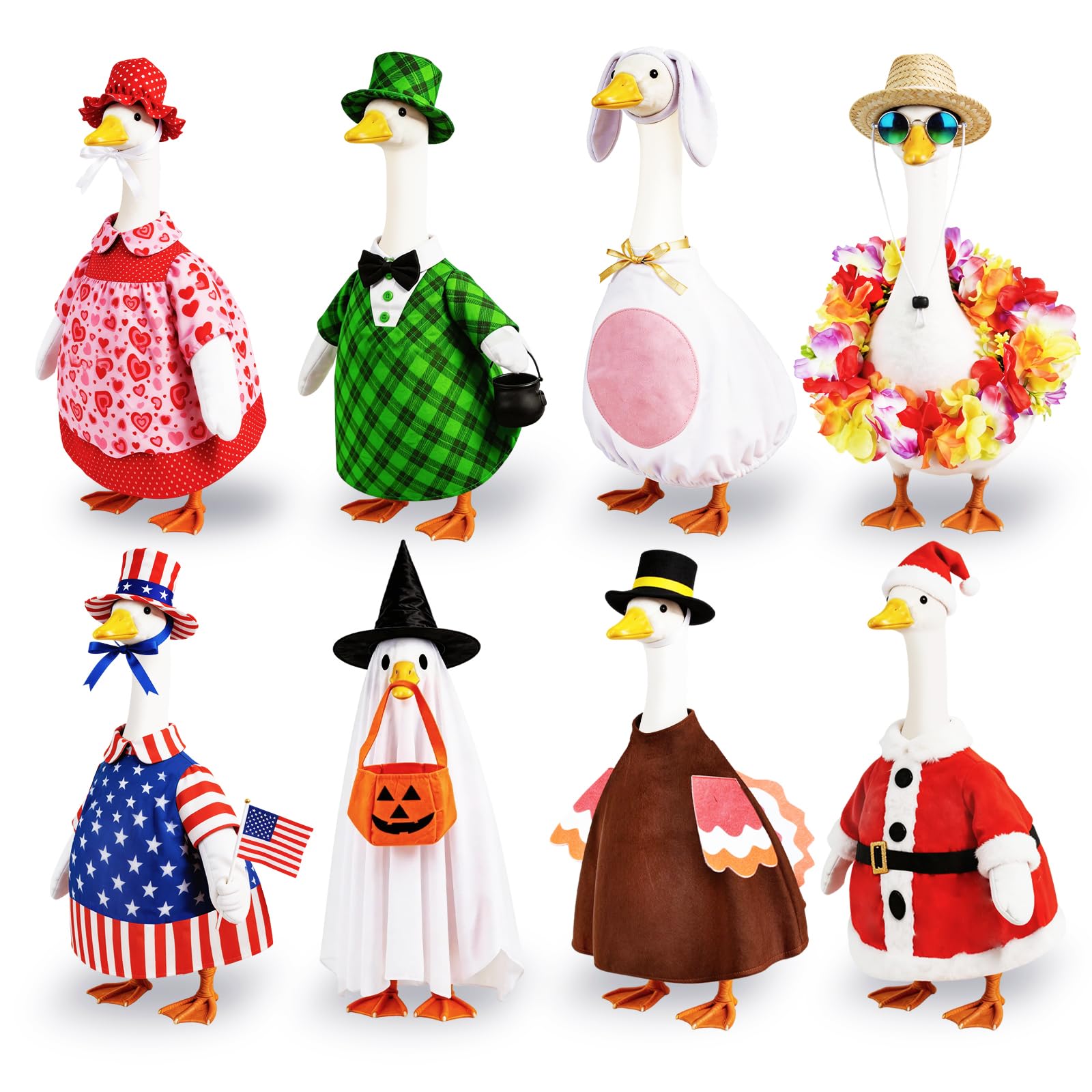 Kinhzrude 8 Set Porch Goose Outfits Holiday Goose Clothes - Valentine St. Patrick Easter Summer 4th of July Fall Halloween Christmas Lawn Porch Goose Clothing for Patio Yard Decor