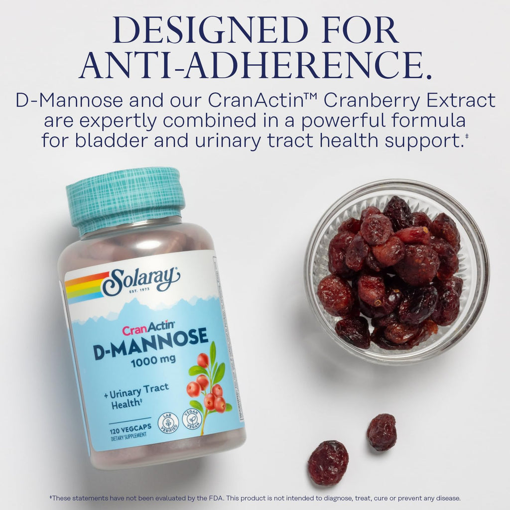 SOLARAY D-Mannose 1000mg with CranActin Cranberry Supplement 400mg, Urinary Tract Health & Bladder Support Capsules with Vitamin C, Vegan, 60 Day Guarantee, 60 Servings, 120 VegCaps (120 CT)