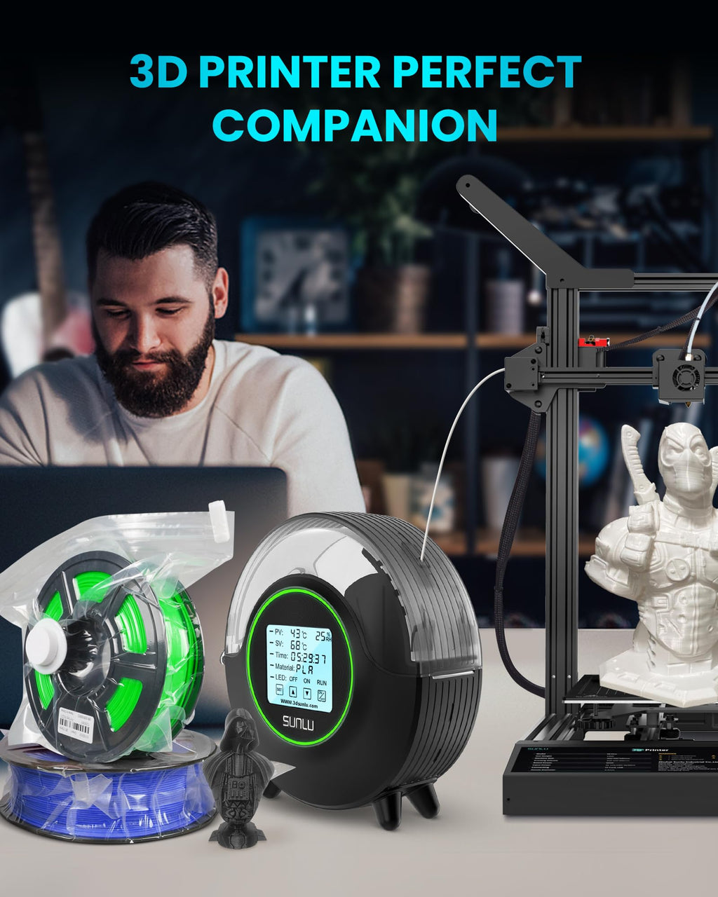 SUNLU Official Filament Dryer S2, Upgraded 3D Filament Dryer with 360°Heating Fan, Filament Dehydrator, One-Key Set with 4.6" Touch Sreen, Compatible with 1.75 2.85 3.00mm PLA PETG ABS Filament, Black