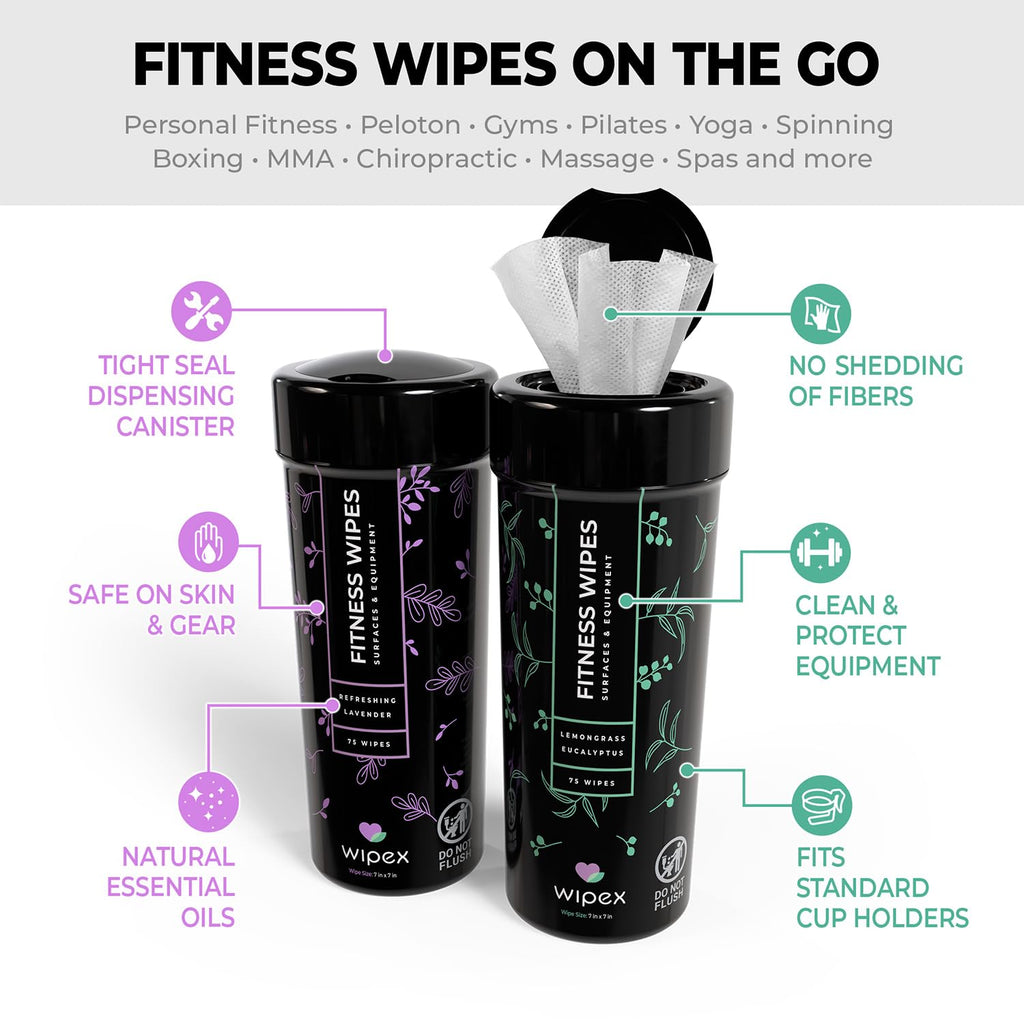 Wipex Natural Wipes for Fitness in Lemongrass & Eucalyptus, Gyms, Yoga, Peloton Cycles, Treadmills and Home, 75 Count (Pack of 4)