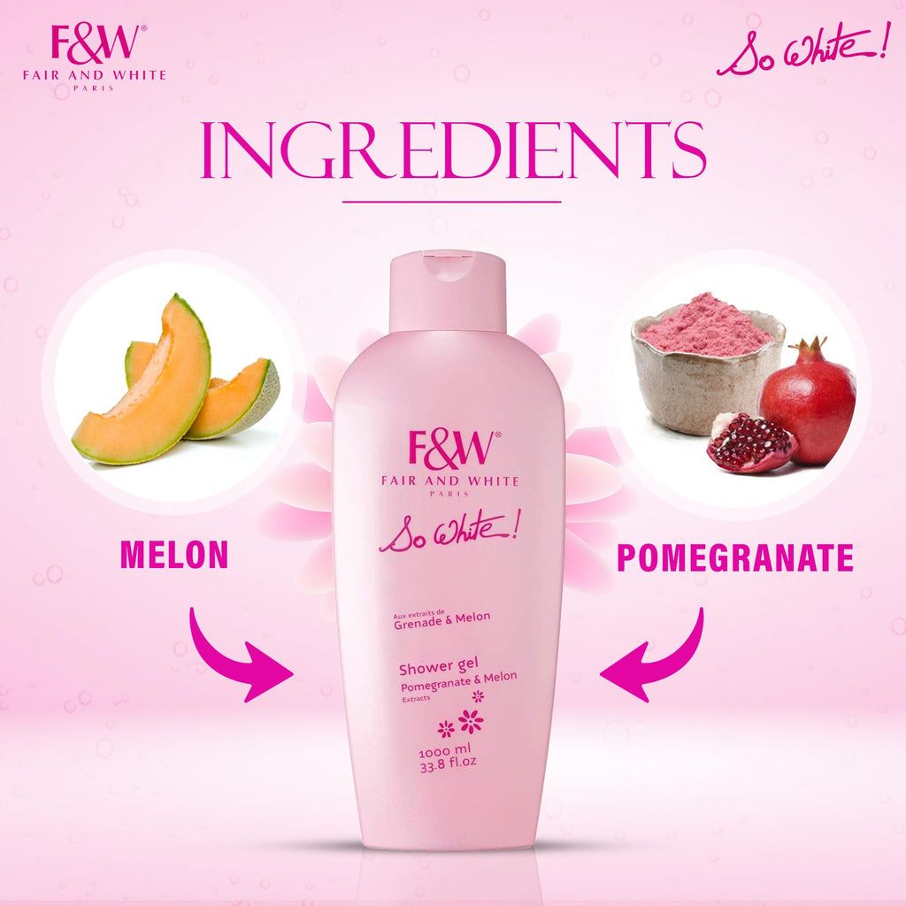FAIR & WHITE So White Refreshing Brightening Body Wash - 1000ml / 33.8 fl oz - Daily Moisturizing Skin Shower Gel, with Pomegranate & Melon Extracts