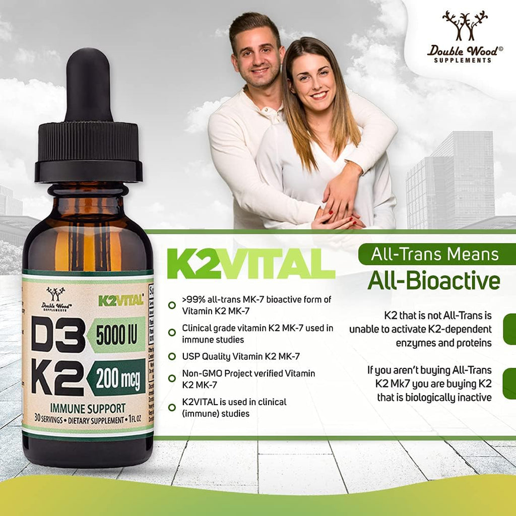 Vitamin D3 K2 5,000 IU Liquid Drops (5,000 IU of D3 and 200mcg of 99.9% All-Trans Patented K2 MK-7 (K2Vital)) Max Absorption Liquid Vitamin D Drops (30 Servings) by Double Wood (Pack of 2)