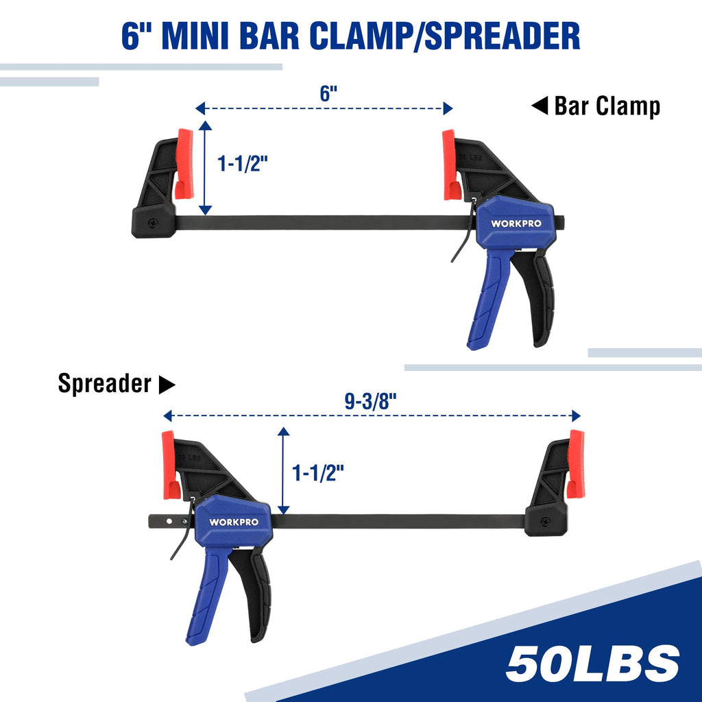 WORKPRO 10-Pack Bar Clamps for Woodworking, 6-Inch (2) Mini & (2) Light Duty and 12-Inch (2) Wood Clamps & 4-1/2-Inch (4) Spring Clamps, F Clamp with 50/150 LBS Load Limited
