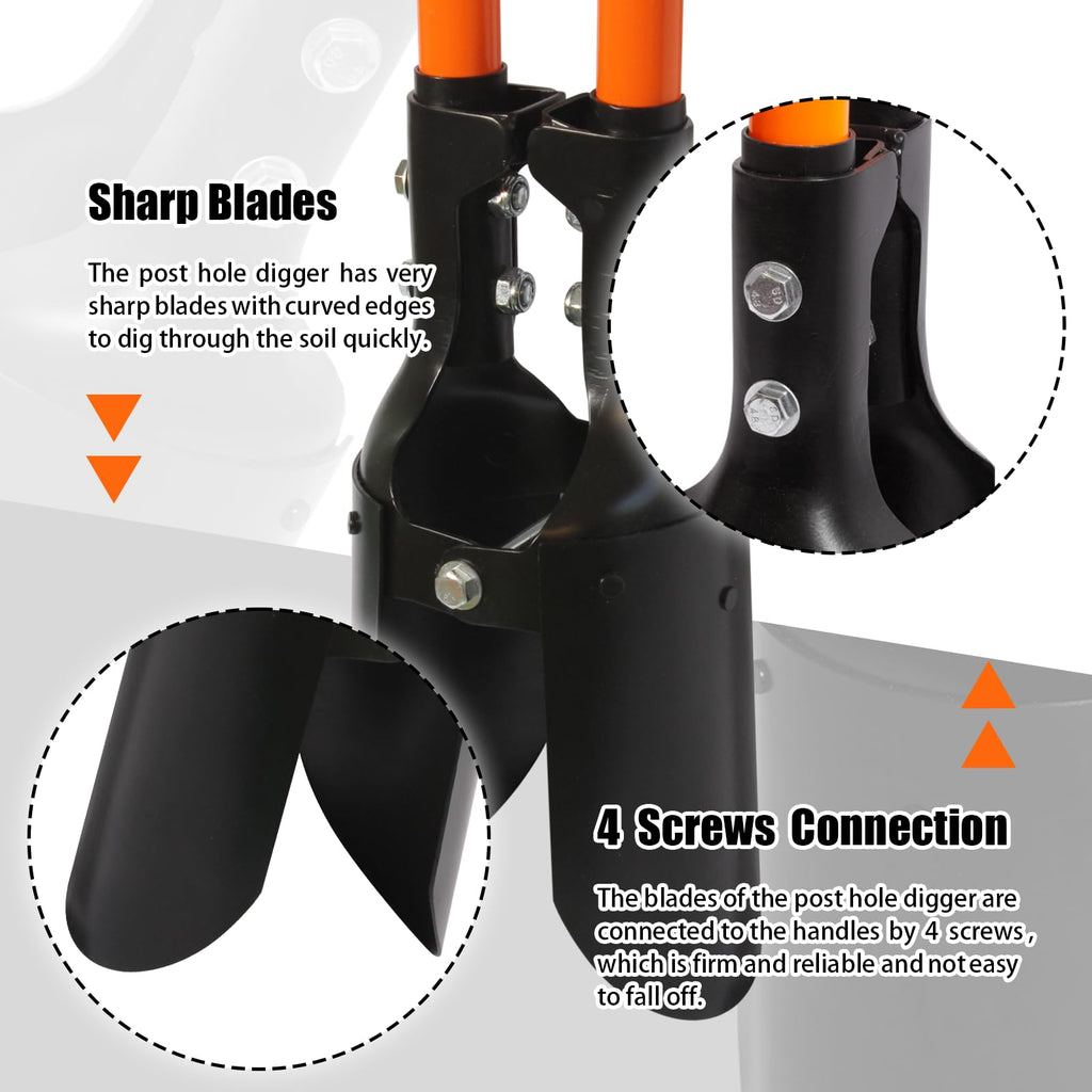 Nohovu Post Hole Digger, Heavy Duty with Fiberglass Handle, Carbon Steel Blades, 58 Inches, Orange & Black