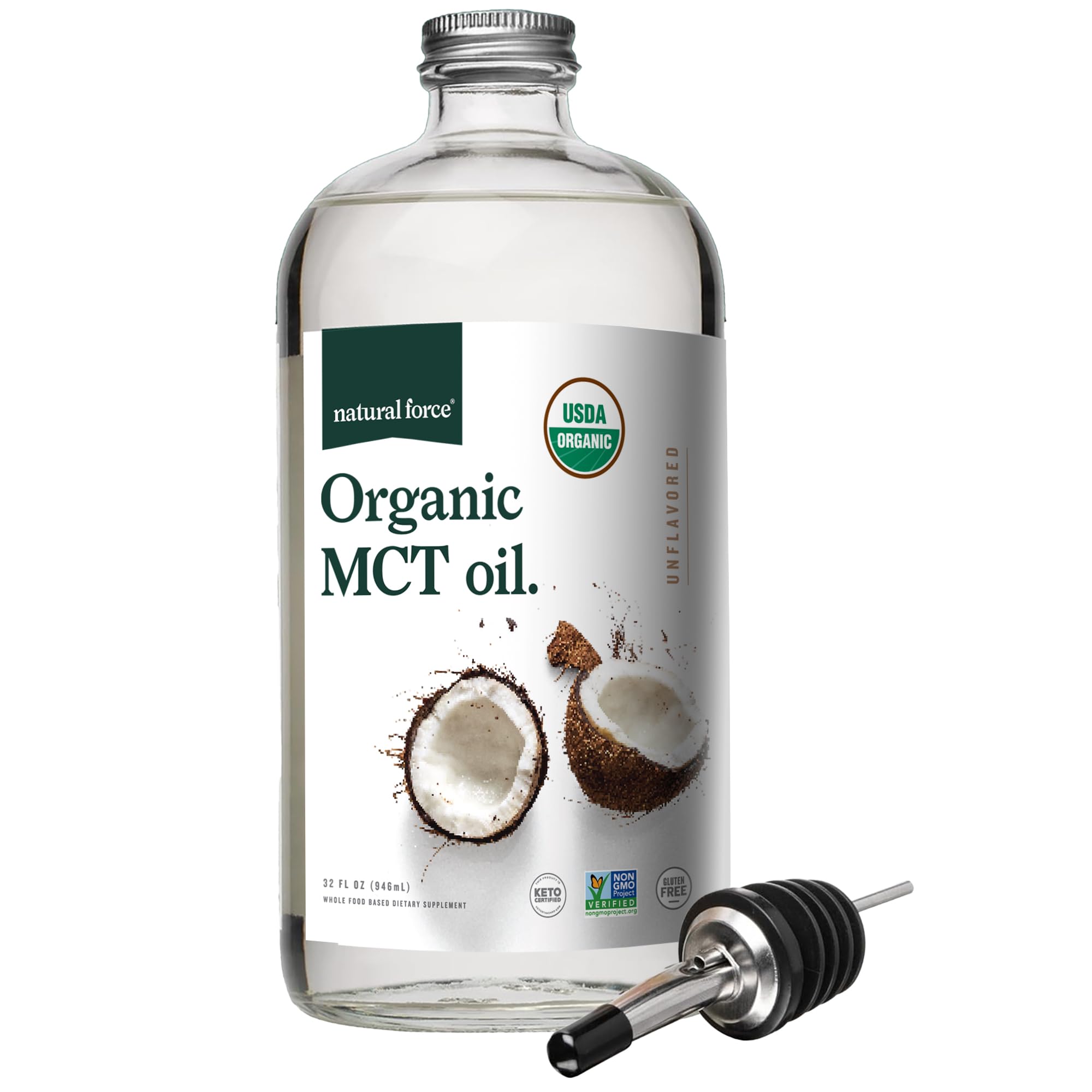 Natural Force Organic MCT Oil – Pure Glass Bottle – Made from 100% Virgin Coconut Oil + Certified Keto, Paleo, Kosher, Vegan & Non-GMO – Lab Tested for Quality and Purity - 32 Ounce