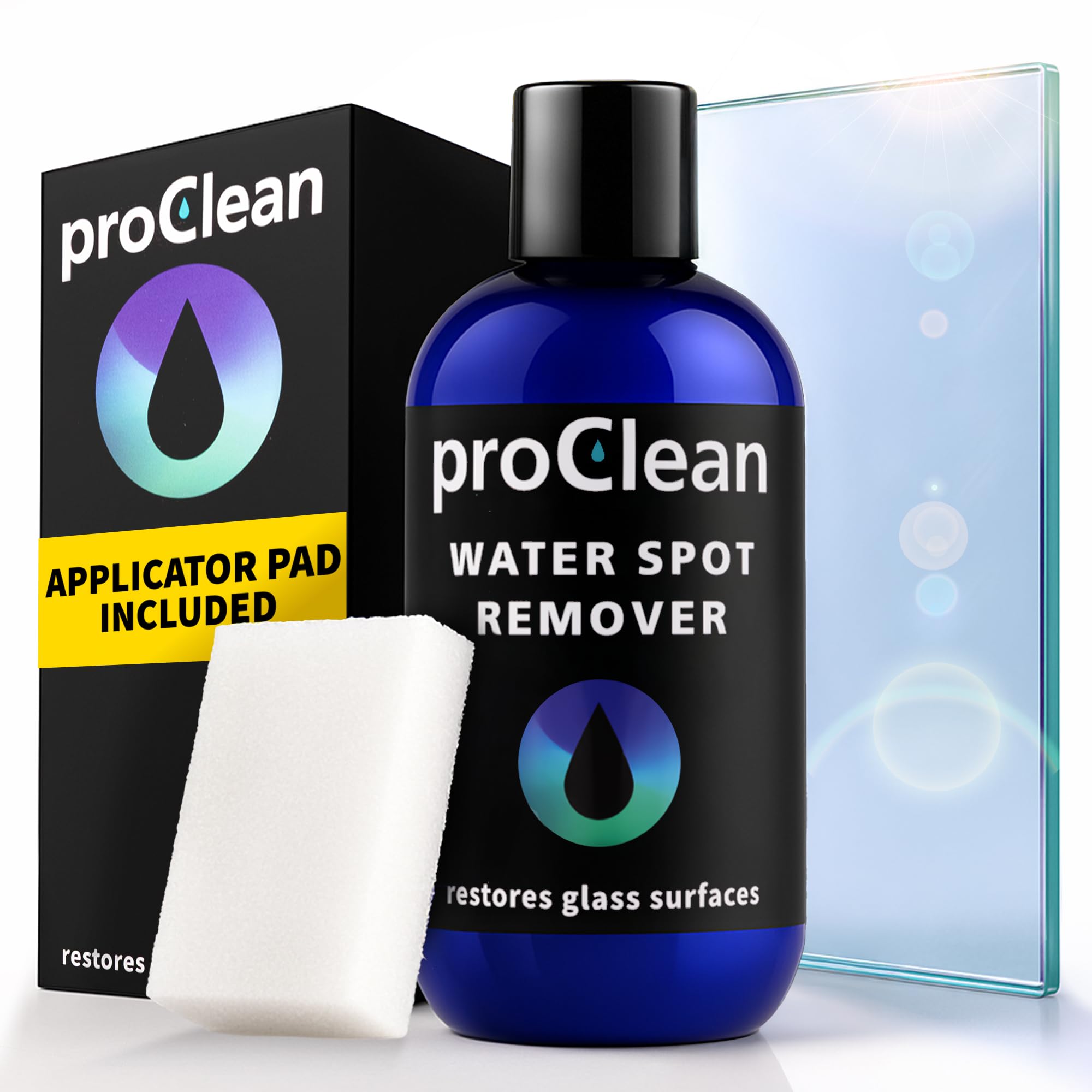 GlasWeld ProClean Hard Water Stain Remover for Glass & Metal – Non-Acid Mineral Deposit & Water Spot Remover for Cars & Shower Glass Cleaner - Removes Hard Spots from Windows – with Applicator Pad