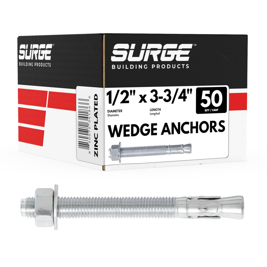 1/2" x 3-3/4" Zinc-Plated Wedge Anchors for Concrete and Cement | Heavy-Duty 1/2 Concrete Anchor Bolts (Box of 50)