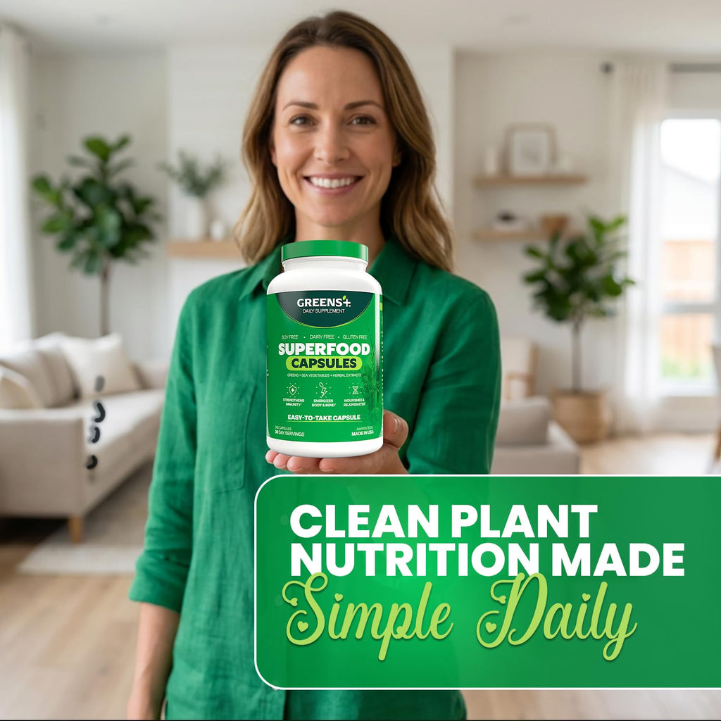 Greens+ Organic Superfood Capsules, Organic Spirulina and Chlorella, with Alfalfa & Wheat Grass, Vitamins & Minerals Supplements, Gluten-Free, Vegan, Non-GMO, 240 Count