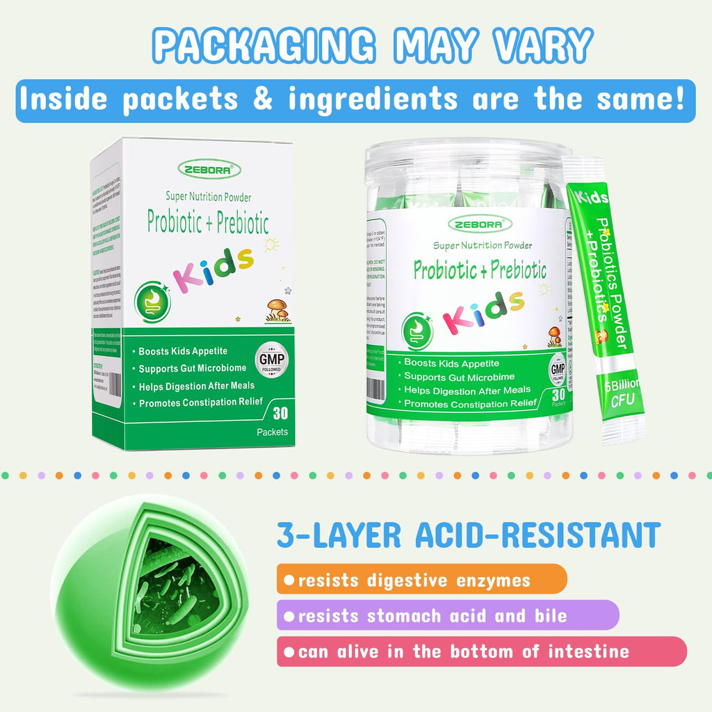 ZEBORA Kids Probiotic & Prebiotics Powder Age 3+ Support Children's Digestive & Immune System with Natural Source, Promotes Constipation Relief, Non-GMO, Gluten-Free, 30 Packets with 5 Billion CFUs