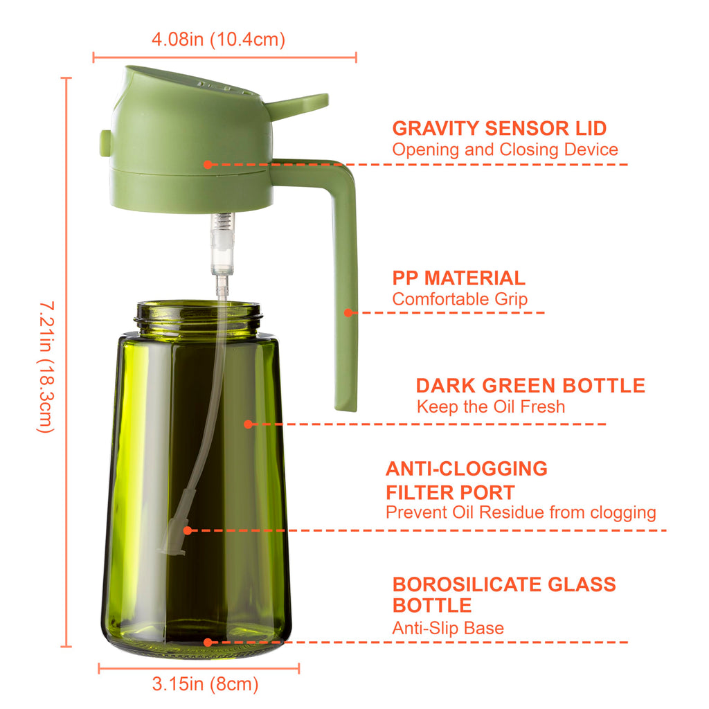 CXINYI - 16oz/470ml Olive Oil Dispenser for Kitchen with Stickers - 2 in 1 Olive Oil Sprayer for Cooking, Air Fryer, and Salad, Black&Green (Light-Proof Kitchen Gadget)
