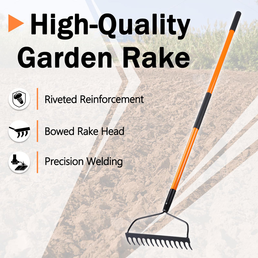Nohovu Garden Rake - 14 Tine Heavy Duty Rake with 58 Inch Fiberglass Handle