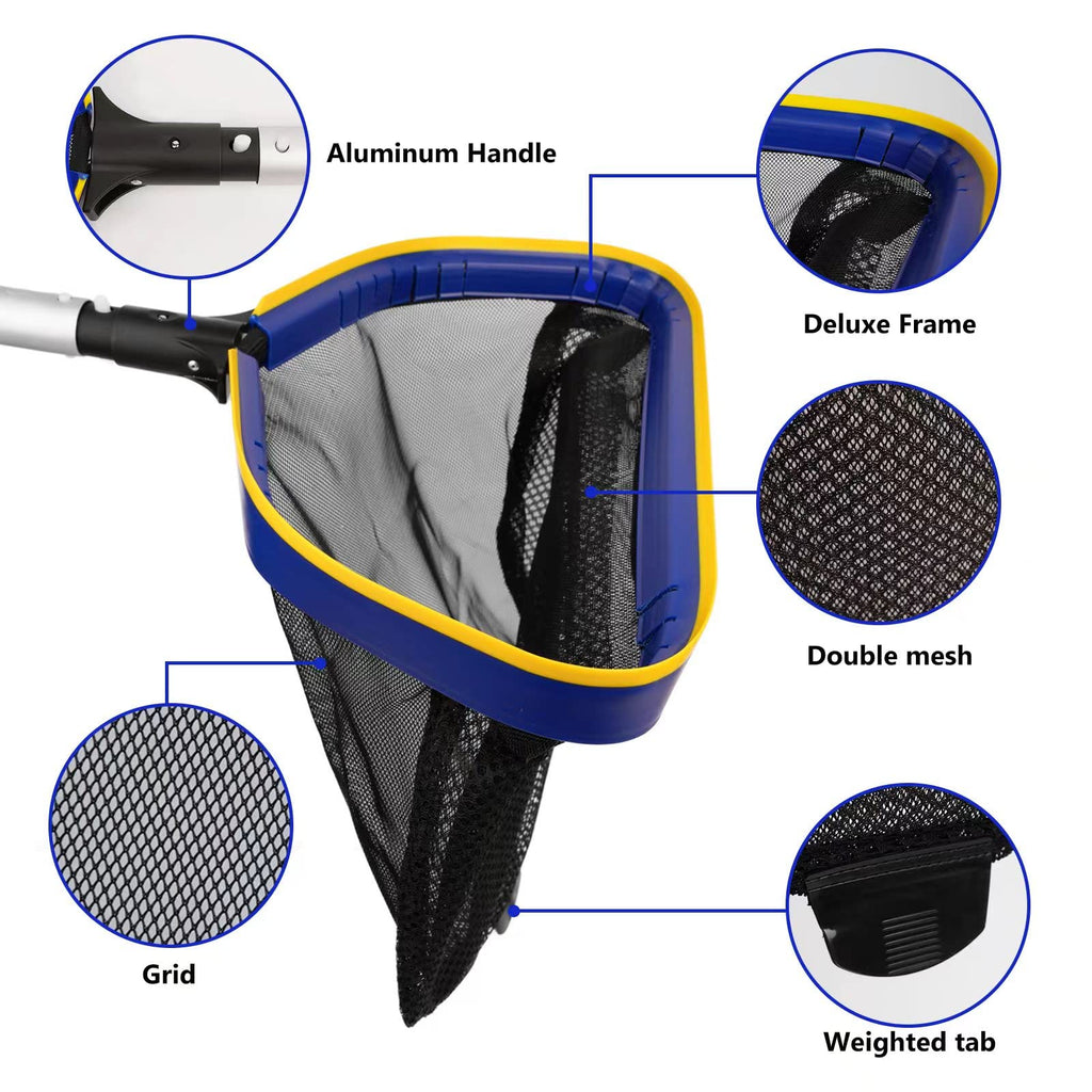 Poolvio Pool Deep Skimmer Net with 3ft - 10ft 1.0mm Thick Adjustable Aluminum Pole & Fine Mesh Bag Leaf Skimmer Rake Net for Above Ground & Inground Swimming Pools, Removes All Debris
