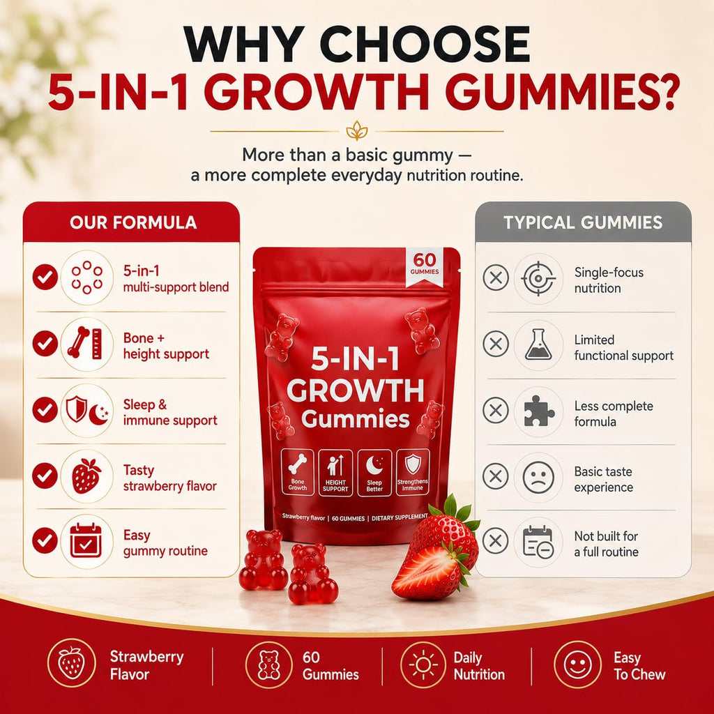 BERSEG 5-in-1 Growth Gummies, Supports Natural Height & Bone Development with Essential Amino Acids & D3, K2, Delicious Strawberry Flavor, 60-Count