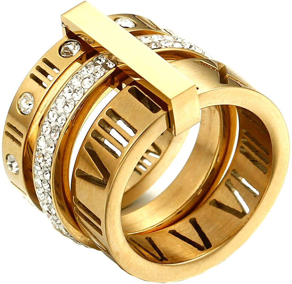 Jarlinwel Stainless Steel CZ Zirconia Roman Numeral Ring For Women Stacking Thumb 3 in 1 Spinner Rings (Gold, 8 Runs small)