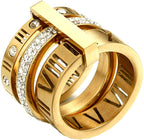 Jarlinwel Stainless Steel CZ Zirconia Roman Numeral Ring For Women Stacking Thumb 3 in 1 Spinner Rings (Gold, 8 Runs small)