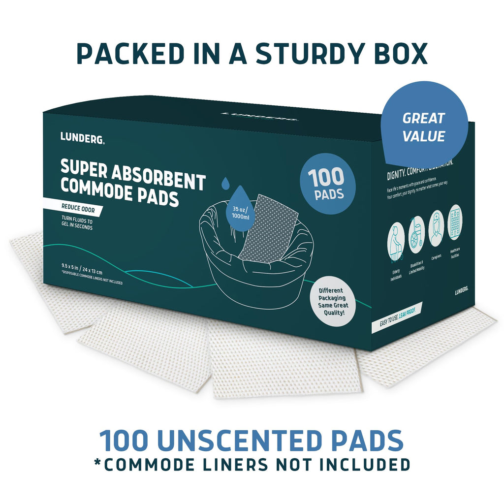 Lunderg Super Absorbent Commode Pads - Medical Grade Value Pack 100 Count - for Disposable Bedside Commode Liners, Adult Chairs, Portable Buckets & Camping Toilet Bags - Unscented