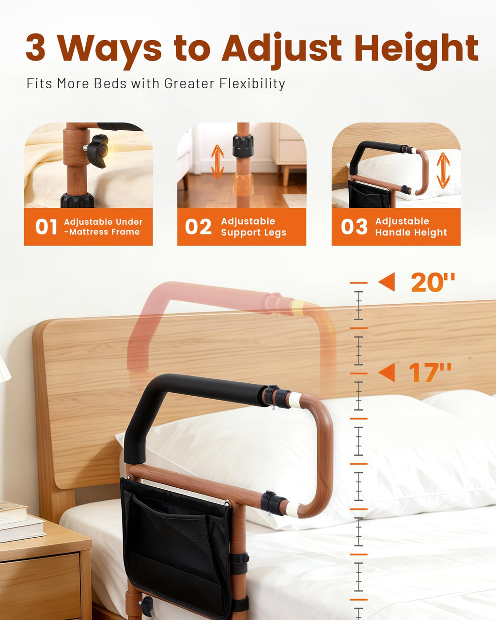 Sangohe Bed Rail for Elderly, Bed Assist Grab Bar Handle with Storage Pocket, Safety Bed Rails for Elderly Adults Getting in & Out of Bed at Home and Dorm, Reddish Brown, 504A02