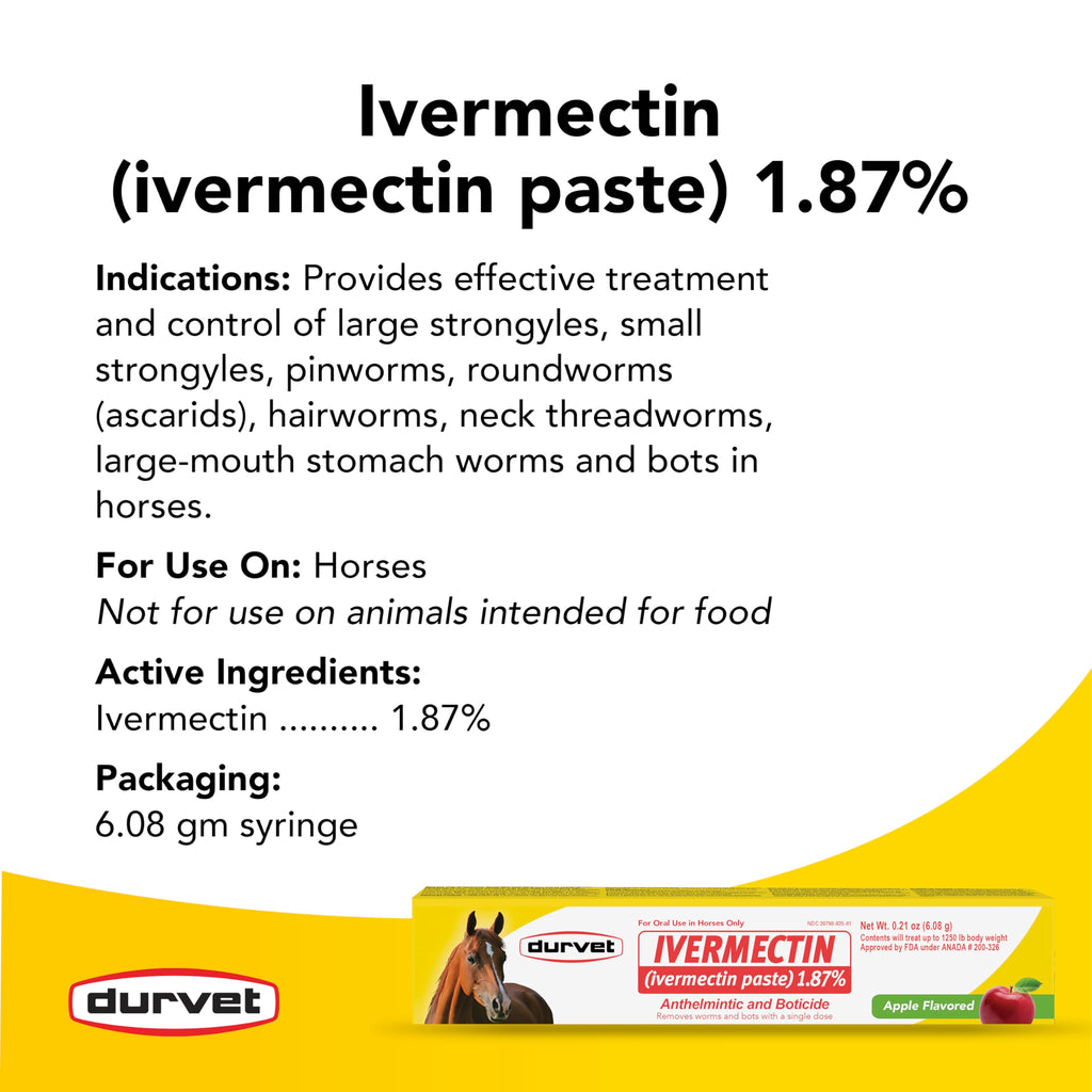 Ivermectin Paste 1.87% Horse Dewormer - Apple Flavored Oral Syringe 6.08g Tube