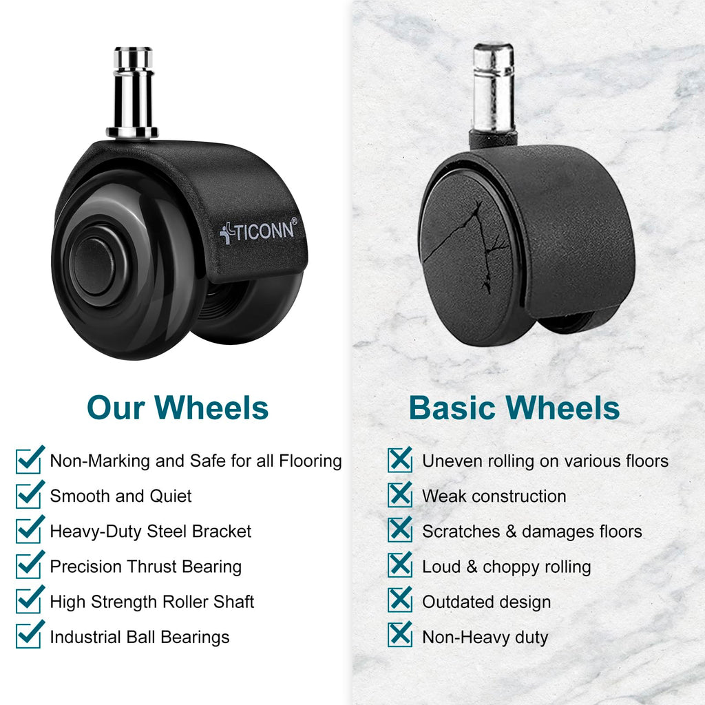TICONN Office Chair Wheels, 2" Caster Wheels for Tile Carpets, Set of 5