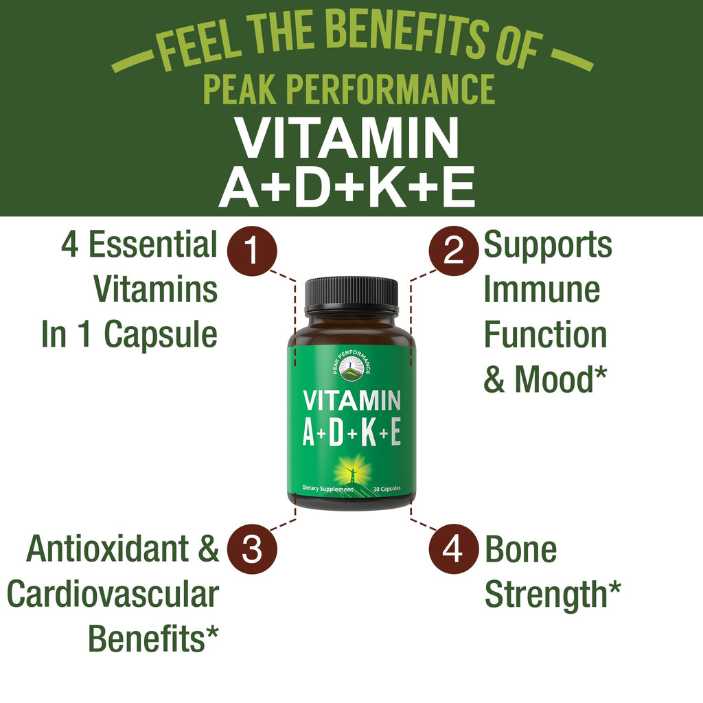 Peak Performance Vitamins D 5,000 iu + A + K + E All in 1 Easy to Swallow Vegan Capsule. ADK Vitamin Supplement with E D3 K2. Essential Vitamins for Mood, Immune, Bone, Vision, Heart