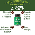 Peak Performance Vitamins D 5,000 iu + A + K + E All in 1 Easy to Swallow Vegan Capsule. ADK Vitamin Supplement with E D3 K2. Essential Vitamins for Mood, Immune, Bone, Vision, Heart