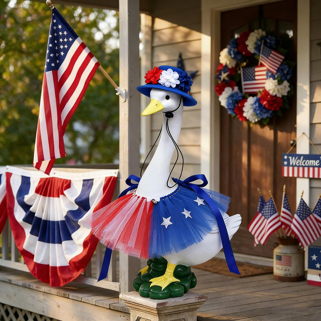 250 Anniversary 4th of July Porch Goose Outfits, 2-Piece Flower Hat Star Skirt for 17" & 23" Lawn Goose Decor, Independence Day Lawn Goose Costume for Garden Resin Porch Goose Decorations