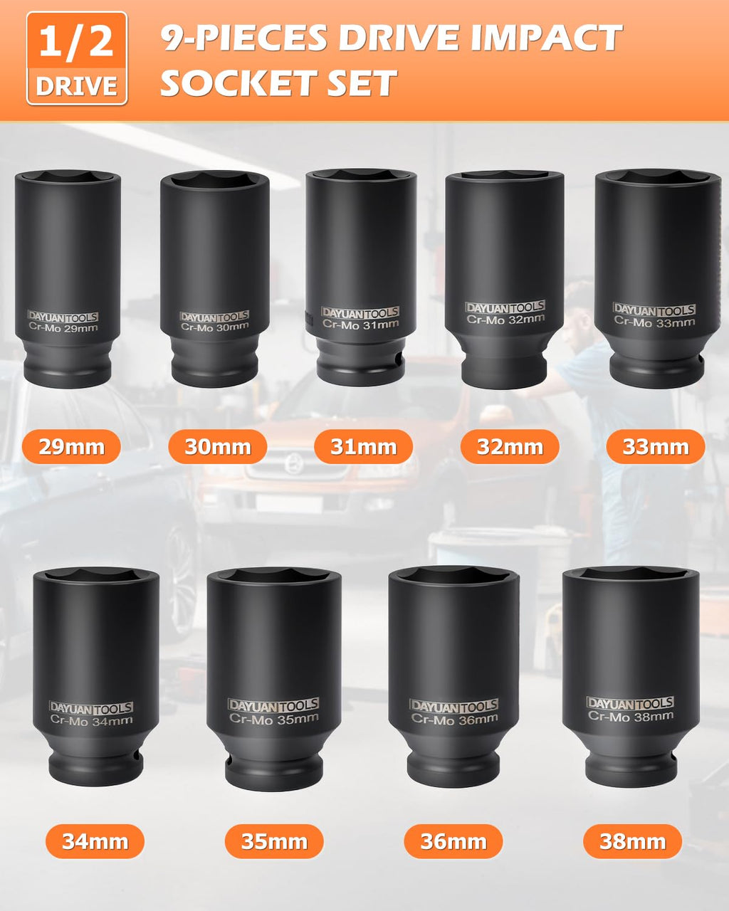 DAYUAN 9 Pcs Axle Nut Hub Impact 1/2" Drive Socket 29 30 31 32 33 34 35 36 38mm Socket Set