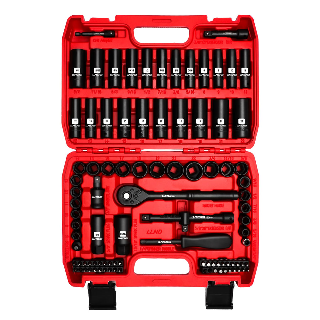 LLNDEI 3/8”Drive Impact Socket Set,Standard SAE(5/16 to 3/4-Inch) Metric Size(8-22mm), 95 Piece, CR-V Steel Deep&Shallow Kit, Adapters, Ratchet Handle, Screwdriver Bit Set, Spark Plug Socket, 6 Point