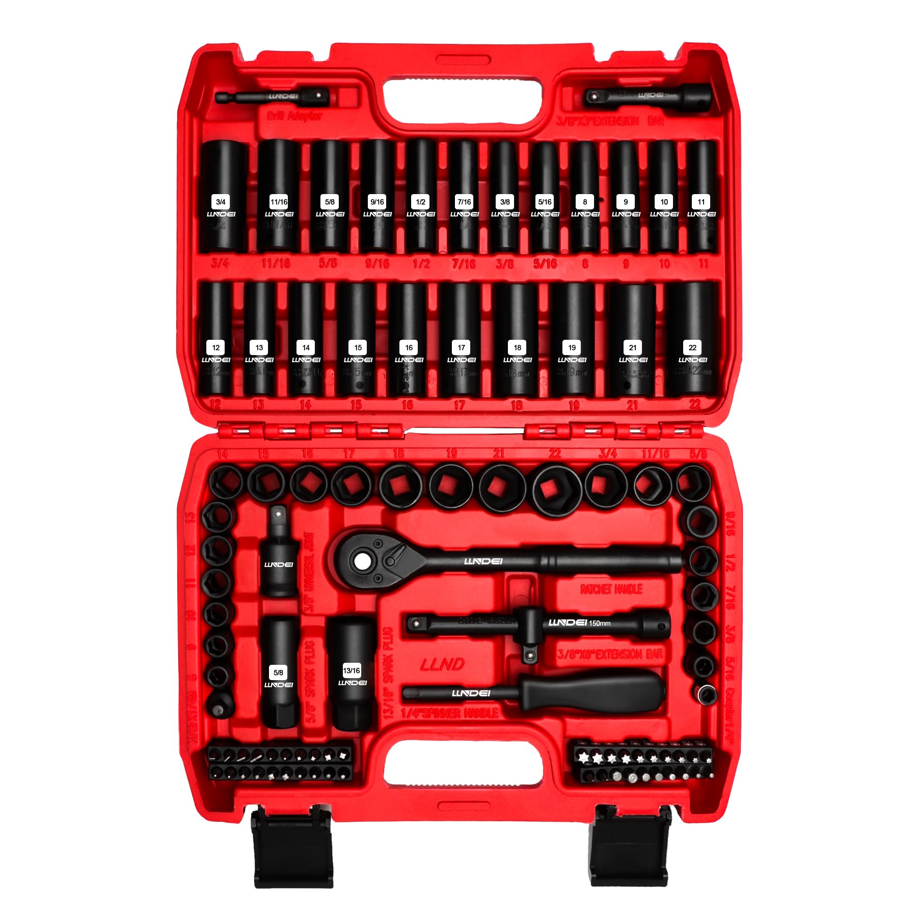 LLNDEI 3/8”Drive Impact Socket Set,Standard SAE(5/16 to 3/4-Inch) Metric Size(8-22mm), 95 Piece, CR-V Steel Deep&Shallow Kit, Adapters, Ratchet Handle, Screwdriver Bit Set, Spark Plug Socket, 6 Point