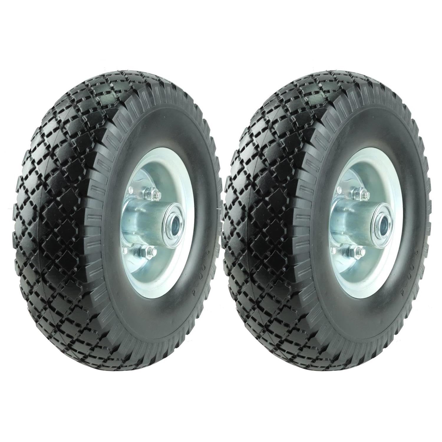 KASTFORCE KF4003 Twin Pack 10-Inch Solid Rubber Tire Wheels Replacement 3.00-4 Tires Wheels Flat Free with 5/8" Bearings 2.15" Offset Hub Perfect for Hand Truck Wheelbarrow Garden Cart Non-Flat