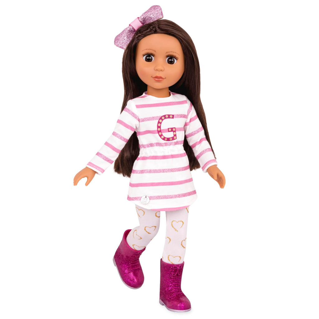 Glitter Girls – 14-Inch Fashion Doll – Straight Brown Hair & Brown Eyes – Striped Tunic & Glitter Boots – Hair Bow & Heart Leggings – 3+ Years– Sarinia