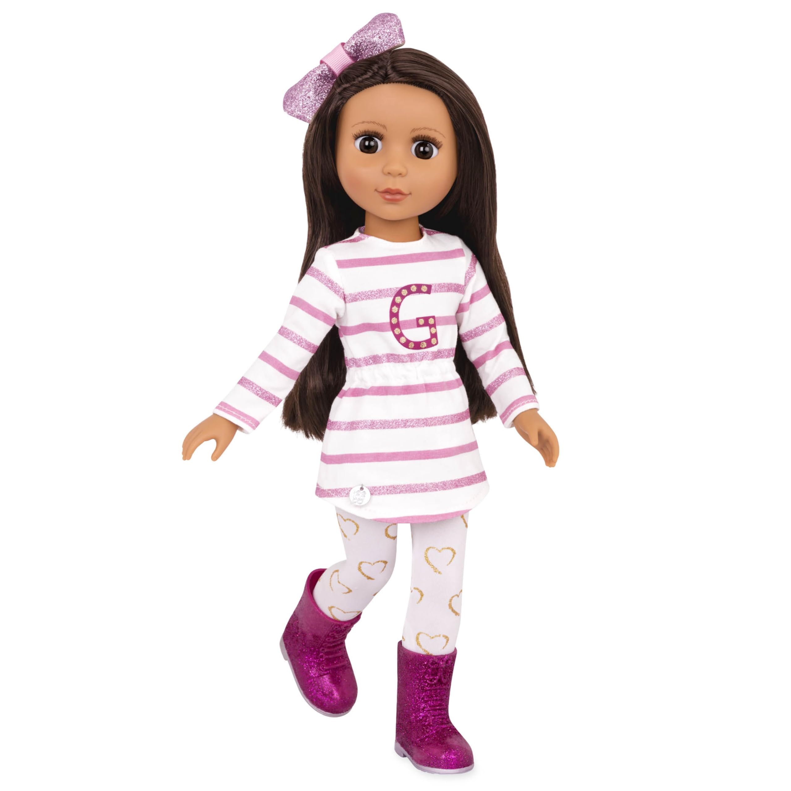 Glitter Girls – 14-Inch Fashion Doll – Straight Brown Hair & Brown Eyes – Striped Tunic & Glitter Boots – Hair Bow & Heart Leggings – 3+ Years– Sarinia