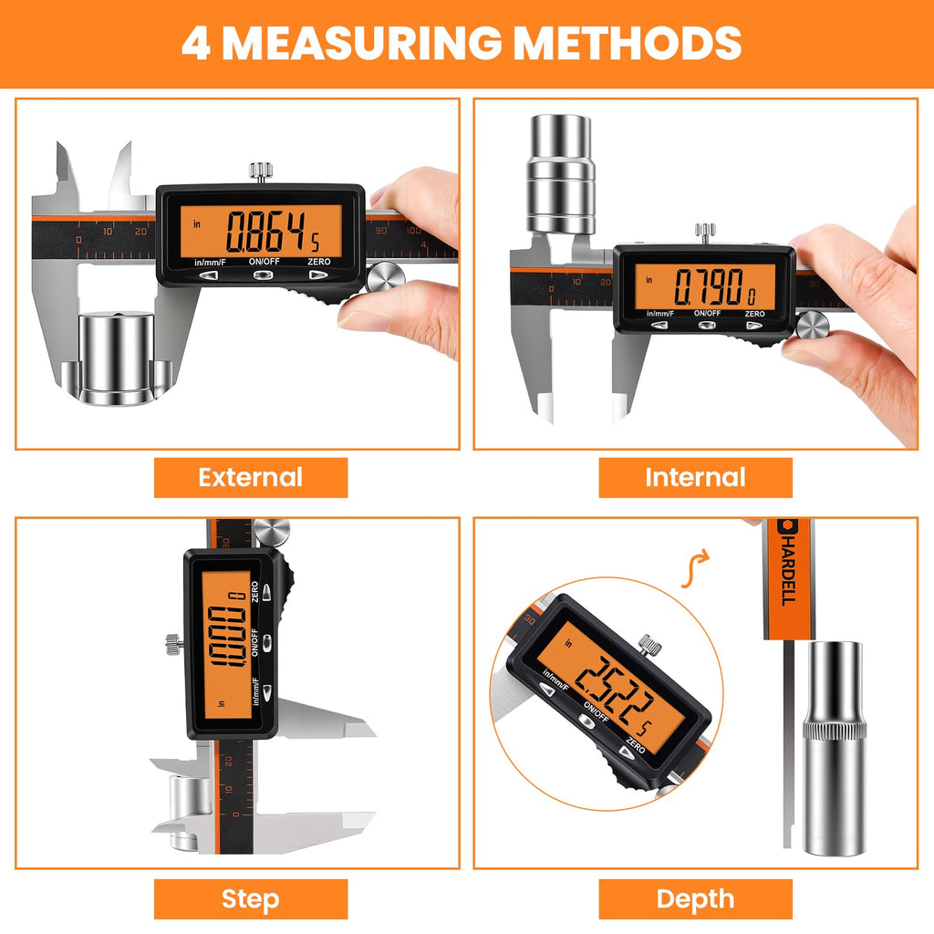HARDELL Digital Caliper, 6" Rechargeable Caliper Measuring Tool with Large Orange Screen (Non-Backlit), Stainless Steel Digital Micrometer with Auto-Off, Inch/MM/Fraction for DIY/Household/3D-Printing