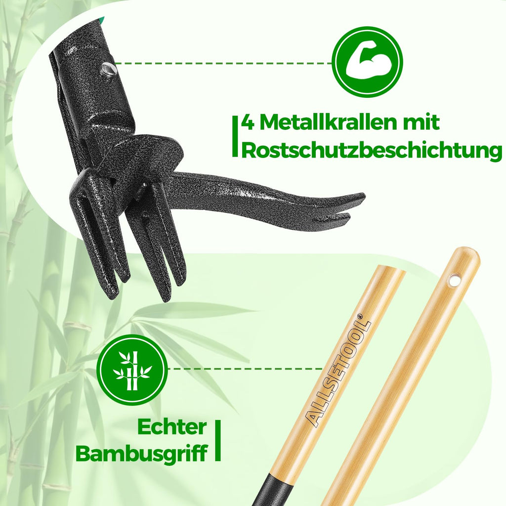 Allsetool Weed Puller Tool with 2 Weed Eject Feature, 43.7in Stand Up Dandelion Remover Tool, Real Bamboo Handle and Metal 4 Claw & Foot Pedal, Heavy Duty Garden Weeder