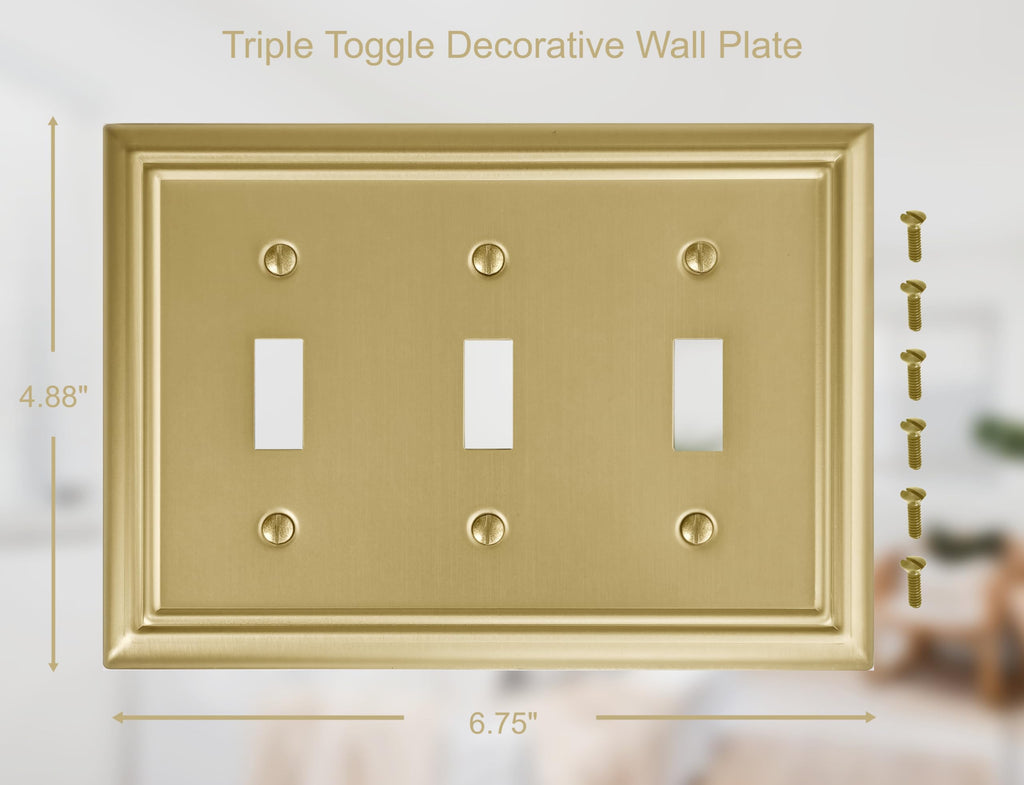 OKAWYC Triple Toggle Light Switch Cover Adler Metal Wall Plate, 2-Pack Brushed Brass 3 Gang, for Light Switch Cover Decorative Wallplate, Durable