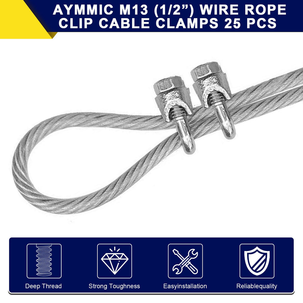 AYMMIC 25 Pcs 1/2" M13 Wire Rope Clip Cable Clamps, Galvanized U-Bolt Saddle Fasteners for Fixed Tent Rope, Wire Rope, Wire Cable, Clothes Lines