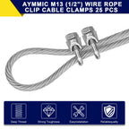 AYMMIC 25 Pcs 1/2" M13 Wire Rope Clip Cable Clamps, Galvanized U-Bolt Saddle Fasteners for Fixed Tent Rope, Wire Rope, Wire Cable, Clothes Lines