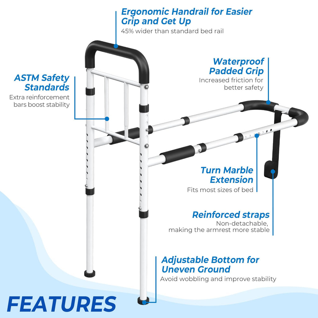 BigDolphin Bed Rails for Elderly Adults - ASTM Approved, 350 LBS Capacity, Tool-Free Assembly, Non-Slip Ergonomic Handle with Storage Pocket, Safe Bed Rails for Seniors