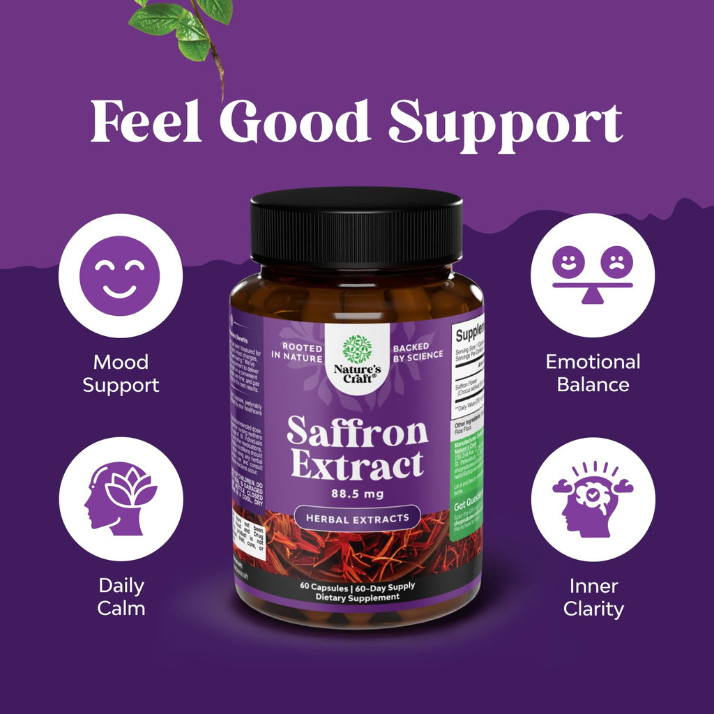 Pure Extract of Saffron Supplements - Crocus Sativus Flower of Saffron Extract Capsules for Good Mood, Metabolism Support & Eye Health - Vitality & Mood Enhancer for Women & Men - 60 Count - 2 Pack