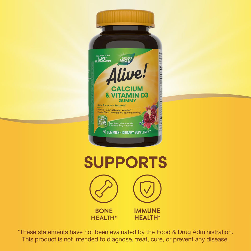 Nature’s Way Alive! Chewable Calcium Gummies with Vitamin D3, Daily Supplement Supports Healthy Bones and Teeth, and Muscle Function*, Strawberry and Raspberry-Lemonade Flavored, 60 Gummies (SET OF 3)