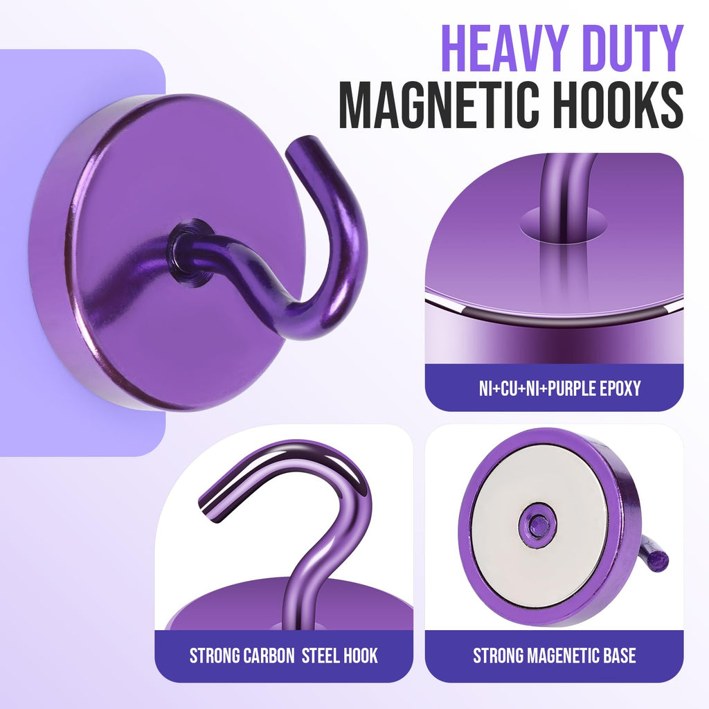 Neosmuk Magnetic Hooks, Heavy Duty 180 lb Magnet Hooks for Cruise Ship Door & Walls, Refrigerator & Grill, Extra Strong Neodymium Hanging Travel Essentials, Purple