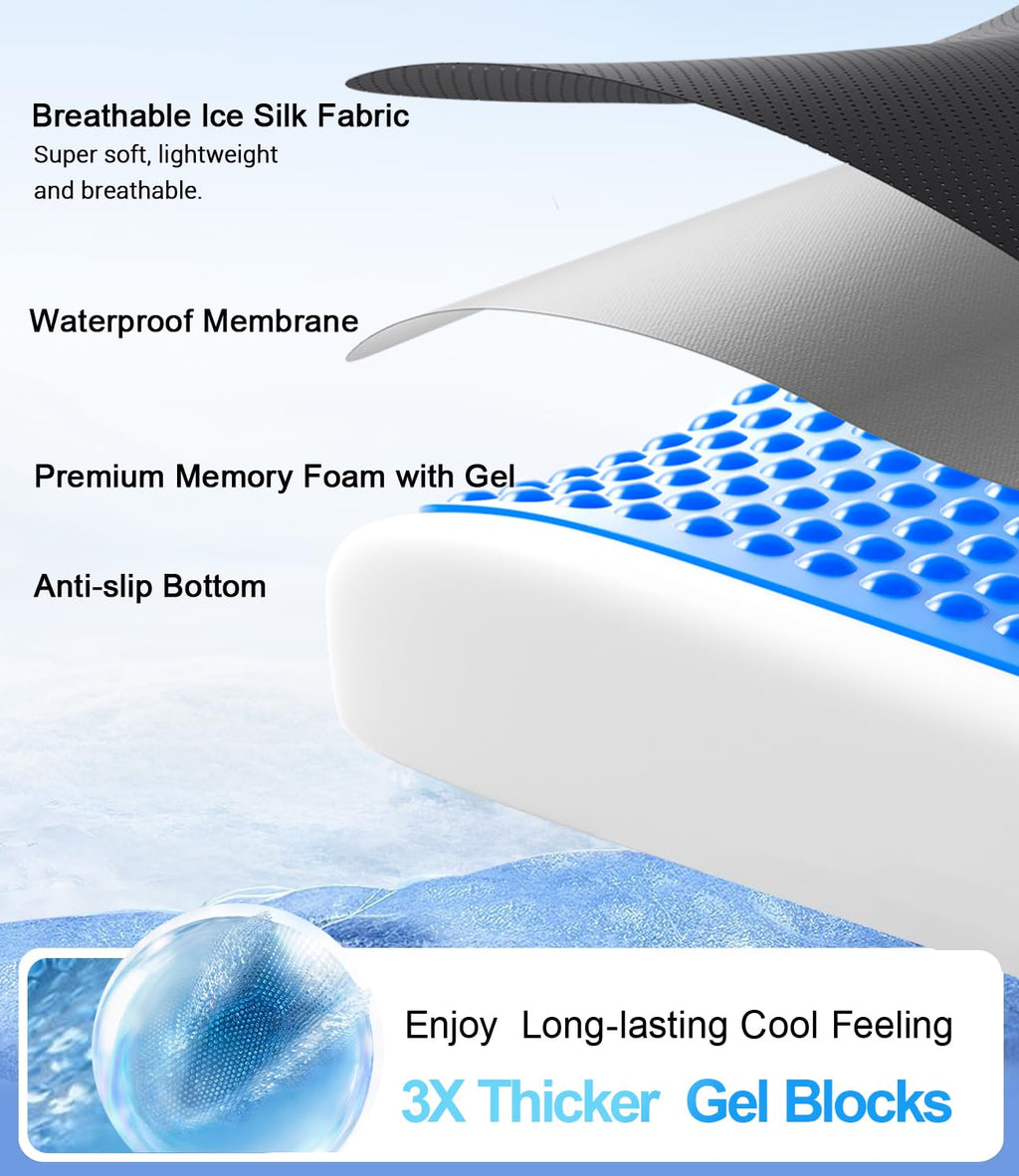 Wheelchair Seat Cushions Cooling, Ergonomic Seat Cushion, Waterproof Silk Fabric, Memory Foam Cooling Gel Office Chair Cushion for Hip Support, Relieve Sciatica, Back, Coccyx, Pressure Sore